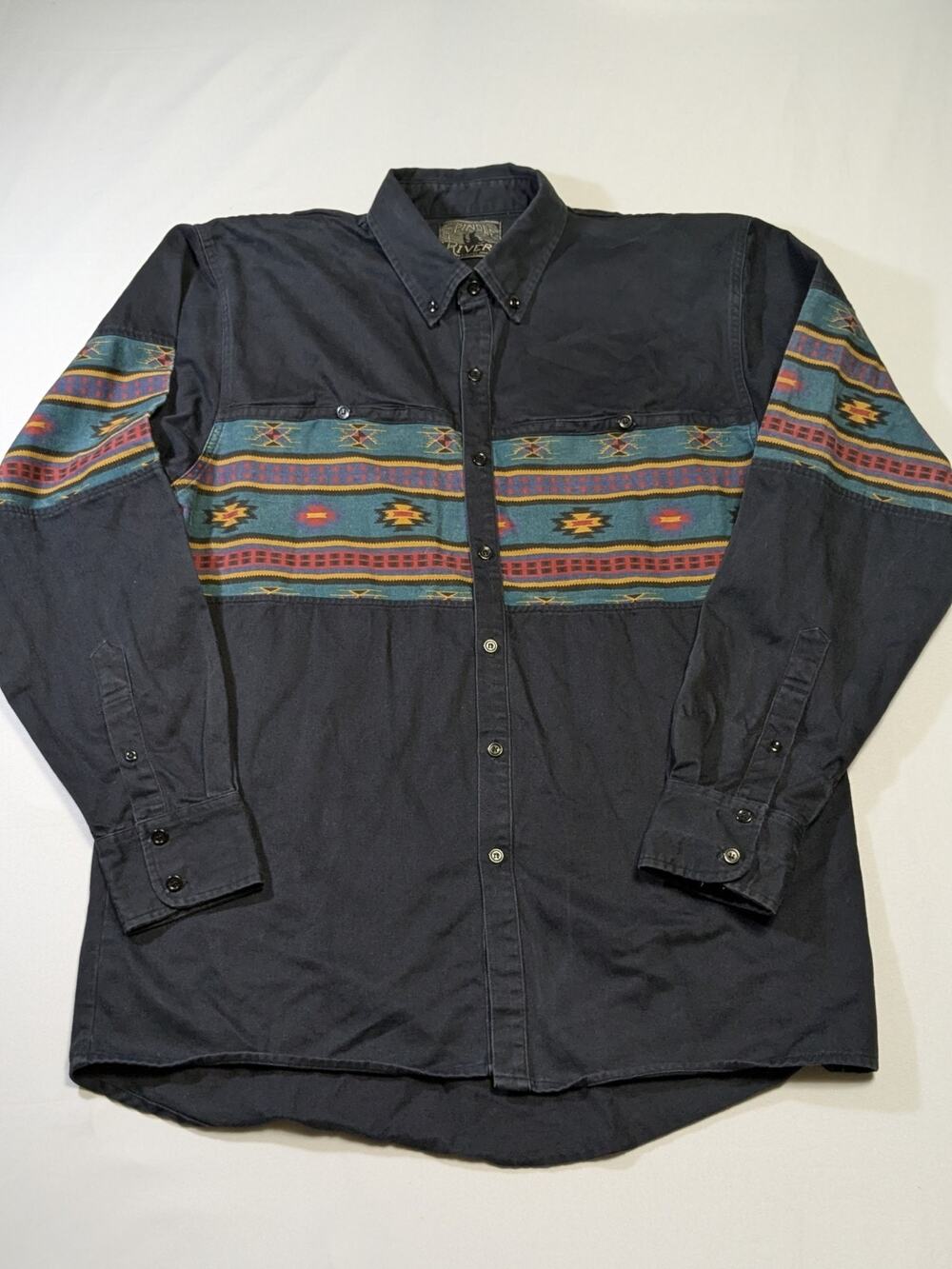 Vntg 90s Spindle River Western Button Up Cowboy Shirt Size XL Brushpopper Aztec
